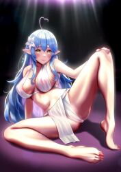 Rule 34 | 1girl, ahoge, barefoot, blue hair, blush, braid, breasts, closed mouth, colored tips, covered erect nipples, crossed bangs, double-parted bangs, elf, feet, flower, hair between eyes, hair flower, hair ornament, heart, heart ahoge, highres, hololive, large breasts, long hair, looking at viewer, multicolored hair, navel, pointy ears, revealing clothes, see-through, smile, snowflake hair ornament, solo, spread legs, streaked hair, thighs, toenails, toes, virtual youtuber, yellow eyes, yukihana lamy, zabudog777