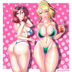 Rule 34 | 2girls, :o, absurdres, ass, ass focus, assymptoad, ayase eli, bikini, blonde hair, blue eyes, blush, breasts, bubble tea, cameltoe, cleavage, collarbone, drink, highres, large breasts, lipgloss, lipstick, looking at viewer, love live!, makeup, multiple girls, nishikino maki, open mouth, ponytail, purple eyes, red hair, short hair, sideboob, sunglasses, swimsuit, tan, tanline, thigh gap, thong, thong bikini, underboob, wide hips