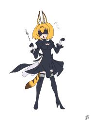 Rule 34 | 10s, 1girl, alternate costume, animal ears, black dress, black hairband, blindfold, boots, chestnut mouth, cleavage cutout, clothing cutout, commentary request, cosplay, dress, feather-trimmed sleeves, full body, hairband, high heel boots, high heels, highres, kazuyaro00, kemono friends, leotard, long sleeves, nier (series), nier:automata, serval (kemono friends), serval tail, simple background, solo, standing, striped tail, sweatdrop, tail, thigh boots, thighhighs, thighhighs under boots, white background, white leotard, 2b (nier:automata), 2b (nier:automata) (cosplay)