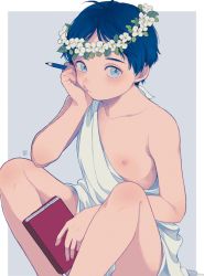 Rule 34 | 1boy, blue eyes, blue hair, blush, book, border, child, flower, flower wreath, highres, holding, holding book, holding pencil, light blue background, looking at viewer, male focus, nipples, outside border, pencil, short hair, simple background, solo, south park, stan marsh, toga, uvuv2u, white border