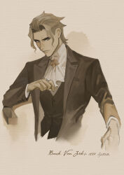 Rule 34 | 1boy, ace attorney, ascot, barok van zieks, black jacket, blazer, character name, closed mouth, cropped torso, hand up, highres, jacket, jewelry, looking at viewer, male focus, monochrome, raycrodu h, ring, sepia, short hair, simple background, solo, the great ace attorney, upper body, white ascot, yellow background