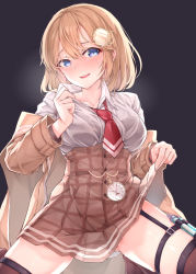 Rule 34 | 1girl, absurdres, bad id, bad pixiv id, black background, black footwear, blonde hair, blue eyes, blush, bra visible through clothes, breasts, breath, clothes lift, gluteal fold, hair between eyes, hair ornament, high-waist skirt, highres, hololive, hololive english, large breasts, lifted by self, long tail, naughty face, necktie, nose blush, off shoulder, plaid, pocket watch, red necktie, short hair, skindentation, skirt, skirt lift, solo, syringe, tail, thigh strap, thighhighs, thighs, virtual youtuber, watch, watson amelia, yuukauta, zettai ryouiki
