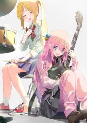 Rule 34 | 2girls, absurdres, blonde hair, blue eyes, blue skirt, bocchi the rock!, bow, collared shirt, cube hair ornament, drum, drum set, electric guitar, gibson les paul, gotoh hitori, grey skirt, guitar, hair between eyes, hair ornament, hair over eyes, highres, holding, holding instrument, ijichi nijika, instrument, jacket, long hair, looking at viewer, multiple girls, hugging object, one side up, open mouth, pants, pants under skirt, pink hair, pink jacket, pink pants, pleated skirt, poligon (046), red bow, red footwear, school uniform, shirt, shoes, side ponytail, sidelocks, sitting, skirt, smile, sneakers, track jacket, track pants, white shirt