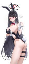 Rule 34 | ..., 1girl, absurdres, alternate costume, animal ears, arm under breasts, ass, bare legs, black hair, black leotard, blue archive, breasts, closed mouth, commentary, cryturtle, fake animal ears, fake tail, heart, highres, holding, holding tablet pc, large breasts, leotard, long hair, playboy bunny, rabbit ears, rabbit tail, red eyes, rio (blue archive), speech bubble, spoken ellipsis, spoken heart, straight hair, tablet pc, tail, thigh strap, very long hair