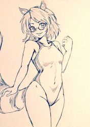 Rule 34 | 1girl, alternate costume, animal ears, bare legs, breasts, commentary request, competition swimsuit, covered navel, cowboy shot, d-m (dii emu), eyelashes, futatsuiwa mamizou, glasses, greyscale, happy, leaf, leaf on head, looking at viewer, monochrome, one-piece swimsuit, open mouth, raccoon ears, raccoon tail, round eyewear, short hair, sketch, swimsuit, tail, tanuki, touhou, traditional media