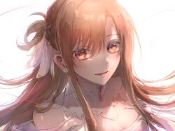 Rule 34 | 1girl, asuna (sao), asuna (stacia), braid, breasts, brown eyes, brown hair, cleavage, collar, commentary, dated, detached collar, dress, english commentary, french braid, hair between eyes, hair ribbon, hibiya saeki, highres, long hair, looking at viewer, medium breasts, mixed-language commentary, open mouth, ribbon, short ponytail, signature, smile, solo, sword art online, sword art online: alicization, upper body, white background, white collar, white dress, white ribbon
