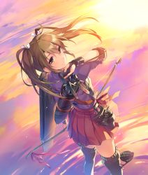 Rule 34 | 10s, 1girl, blush, boots, bow (weapon), brown eyes, brown hair, from above, gloves, hair ribbon, japanese clothes, kantai collection, long hair, looking back, looking up, muneate, ribbon, skirt, smile, solo, thigh boots, thighhighs, tousaki umiko, twintails, water, weapon, zuikaku (kancolle)