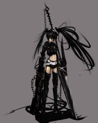 Rule 34 | 10s, 1girl, armor, bad id, bad pixiv id, belt, belt skirt, black hair, black rock shooter, boots, chain, greaves, gun, highres, insane black rock shooter, long hair, midriff, navel, purple eyes, scar, scythe, shin&#039;ya (330696), shinya (pixiv832375), shorts, simple background, solo, stitches, thigh boots, thighhighs, twintails, vocaloid, weapon