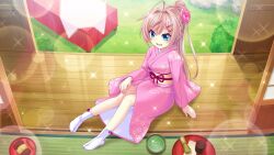 Rule 34 | 1girl, ahoge, blue eyes, bush, chasen, cup, dot nose, film grain, floral print, flower, from above, furisode, game cg, grass, green tea, grimace, hair flower, hair intakes, hair ornament, hairclip, hand on floor, hand on own knee, high ponytail, himura nagisa, indoors, izumi tsubasu, japanese clothes, kimono, lace trim, lens flare, lens flare abuse, long hair, non-web source, object request, official art, open mouth, pain, pink flower, pink hair, pink kimono, pink rose, re:stage!, rose, sash, shouji, sliding doors, socks, solo, sparkle, table, tablecloth, tatami, tea, tearing up, white socks, wooden floor, yellow sash
