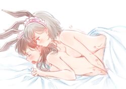 2girls absurdres animal_ears bang_dream! bang_dream!_it&#039;s_mygo!!!!! bed_sheet black_hair blush breasts brown_eyes closed_eyes commentary fake_animal_ears grey_hair highres implied_fingering long_hair lying medium_breasts multiple_girls nude open_mouth rabbit_ears scrmbl18120915 sheet_grab shiina_taki short_hair takamatsu_tomori whispering yuri