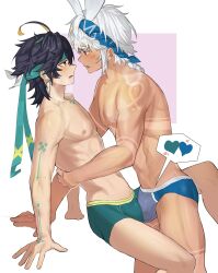 2boys abs absurdres arm_tattoo bana_gameg black_hair blue_hairband blue_male_underwear blush braid bulge dark-skinned_male dark_skin earrings genderswap genderswap_(ftm) genshin_impact green_headband green_male_underwear hair_between_eyes hairband headband highres jewelry kinich_(genshin_impact) long_hair male_focus male_underwear mualani_(genshin_impact) multicolored_hair multiple_boys muscular muscular_male nipples open_mouth red_eyes short_hair tattoo topless_male underwear white_hair yaoi yellow_eyes