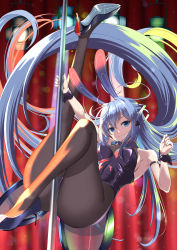 Rule 34 | 1girl, absurdly long hair, animal ears, arm strap, ass, azur lane, bare shoulders, black footwear, black pantyhose, blue eyes, blue hair, blurry, blurry background, bodystocking, breasts, detached collar, fake animal ears, high heels, highres, kagura hiromu, large breasts, leotard, long hair, looking at viewer, new jersey (azur lane), new jersey (exhilarating steps!) (azur lane), official alternate costume, oversized breast cup, pantyhose, playboy bunny, pole, pole dancing, purple leotard, rabbit ears, solo, stage lights, stiletto heels, strapless, strapless leotard, stripper pole, very long hair, wrist cuffs