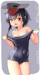 Rule 34 | 1girl, asymmetrical hair, bare shoulders, black hair, black one-piece swimsuit, breasts, brown eyes, clothes pull, commentary request, cowboy shot, hair between eyes, hat, headphones, i-14 (kancolle), kantai collection, one-hour drawing challenge, one-piece swimsuit, one-piece swimsuit pull, ray.s, school swimsuit, short hair, small breasts, solo, swimsuit
