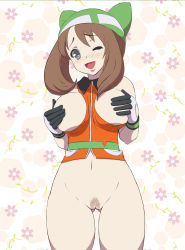 Rule 34 | blush, bottomless, breasts, brown hair, cleft of venus, covering privates, covering breasts, creatures (company), game freak, gloves, grey eyes, hat, highres, large breasts, long hair, makoto daikichi, may (pokemon), navel, nintendo, open mouth, pokemon, pubic hair, pussy, smile, tears, uncensored, wink