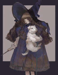 Rule 34 | 1girl, animal, blue dress, blue eyes, blue headwear, blunt bangs, brown eyes, brown hair, cropped legs, dog, dress, hat, holding, holding animal, holding dog, holding wand, long hair, looking at viewer, nekosuke (oxo), original, sidelocks, simple background, tongue, tongue out, wand, wavy hair, witch, witch hat