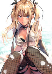 Rule 34 | 1girl, angry, bare shoulders, black ribbon, blonde hair, blue eyes, blush, breasts, dead or alive, dead or alive 5, hair ornament, hair ribbon, hinoru saikusa, long hair, looking at viewer, marie rose, ribbon, school uniform, small breasts, solo, thighhighs, twintails, wet, x hair ornament