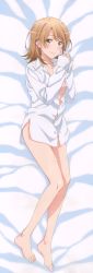 Rule 34 | 1girl, absurdres, barefoot, bed sheet, blush, bottomless, breasts, brown eyes, brown hair, cleavage, collarbone, dakimakura (medium), dress shirt, feet, from above, full body, highres, isshiki iroha, looking at viewer, lying, medium breasts, naked shirt, official art, on side, own hands together, shiny skin, shirt, short hair, smile, solo, toes, topless, white shirt, yahari ore no seishun lovecome wa machigatteiru.
