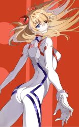Rule 34 | 1girl, artist request, ass, blue eyes, bodysuit, breasts, brown hair, evangelion: 3.0+1.0 thrice upon a time, eyepatch, floating hair, long hair, looking at viewer, looking back, neon genesis evangelion, orange background, plugsuit, rebuild of evangelion, shiny clothes, simple background, skin tight, solo, souryuu asuka langley, turtleneck, very long hair, white bodysuit, wide hips