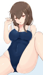Rule 34 | 1girl, :o, absurdres, bare arms, bare shoulders, blue one-piece swimsuit, blush, breasts, brown eyes, brown hair, cameltoe, cleavage, collarbone, competition swimsuit, covered navel, hair between eyes, half-closed eyes, highres, knee up, large breasts, leaning back, long hair, looking at viewer, one-piece swimsuit, open mouth, original, sidelocks, simple background, sitting, skin tight, solo, spread legs, strap lift, swimsuit, temari rin, thighs, white background