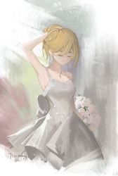 Rule 34 | 1girl, absurdres, bare arms, blonde hair, bouquet, breasts, character name, cleavage, closed eyes, closed mouth, commentary, cowboy shot, dress, english commentary, flower, grey background, hand in own hair, highres, holding, holding bouquet, jewelry, k-on!, kotobuki tsumugi, long hair, necklace, sleeveless, sleeveless dress, smile, solo, spaghetti strap, tiredme, white dress, white flower