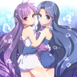 Rule 34 | 2girls, air bubble, ass, bad id, bad pixiv id, bare shoulders, bead necklace, beads, blue dress, blue eyes, blue hair, blush, breast press, bubble, busujima funya, caren (mermaid melody pichi pichi pitch), closed mouth, cowboy shot, dress, earrings, female focus, frilled dress, frills, from side, gloves, hand on another&#039;s face, hand on own ass, highres, hug, jewelry, leg between thighs, long hair, looking at viewer, mermaid melody pichi pichi pitch, mole, mole under eye, multiple girls, necklace, noel (mermaid melody pichi pichi pitch), parted bangs, parted lips, purple eyes, purple hair, shell, shell earrings, short dress, siblings, sisters, smile, strapless, strapless dress, symmetrical docking, twins, very long hair, white dress, white gloves, yuri