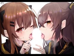 Rule 34 | 2girls, bad id, bad pixiv id, black bow, black jacket, bow, brown eyes, brown hair, censored, cooperative fellatio, fellatio, girls&#039; frontline, hair bow, hair ornament, hairclip, highres, jacket, letterboxed, licking, light censor, long hair, long sleeves, looking at viewer, multiple girls, open mouth, oral, penis, ramchi, red eyes, sweat, teamwork, tongue, tongue out, twintails, ump45 (girls&#039; frontline), ump9 (girls&#039; frontline), upper body