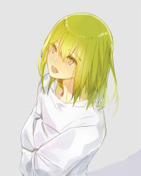 Rule 34 | 1other, androgynous, blush, crossed arms, enkidu (fate), expressionless, eyes visible through hair, fate/grand order, fate (series), green hair, grey background, hair between eyes, long hair, long sleeves, looking up, lower teeth only, open mouth, other focus, red eyes, robe, shadow, simple background, solo, straight hair, teeth, tongue, upper body, white robe