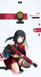 Rule 34 | 1girl, absurdres, black eyes, black gloves, black hair, c-wing, commentary request, dive! (love live!), fingerless gloves, flamethrower, gloves, goddess of victory: nikke, highres, holding, holding weapon, long hair, looking at viewer, love live!, love live! nijigasaki high school idol club, midriff, one side up, single glove, single sleeve, solo, weapon, yuki setsuna (love live!)