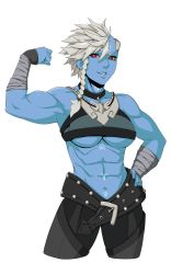 Rule 34 | 1girl, abs, artist request, biceps, blue skin, breasts, colored skin, female focus, flexing, highres, muscular, muscular female, navel, pants, red eyes, solo, standing, transparent background, underboob, white hair