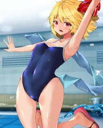 Rule 34 | arm up, armpits, bare shoulders, blonde hair, blush, cameltoe, character name, competition school swimsuit, fang, flat chest, fujiko (emnprmn), hair ribbon, highres, indoors, jumping, one-piece swimsuit, open mouth, outstretched arms, pool, red eyes, ribbon, rumia, sandals, school swimsuit, short hair, smile, solo, swimsuit, touhou, towel