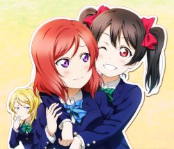 Rule 34 | 10s, 3girls, anibache, ayase eli, bibi (love live!), black hair, blonde hair, blue bow, blue bowtie, blue eyes, blush, bow, bowtie, green bow, green bowtie, hair bow, half-closed eyes, hand to own mouth, long sleeves, looking at another, looking at viewer, love live!, love live! school idol project, multiple girls, nishikino maki, one eye closed, otonokizaka school uniform, outline, parted lips, purple eyes, red bow, red eyes, red hair, school uniform, short hair, short ponytail, short twintails, smile, smug, striped bow, striped bowtie, striped clothes, teeth, twintails, white outline, yazawa nico