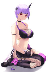 Rule 34 | 1girl, asymmetrical legwear, ayane (doa), black choker, black footwear, black gloves, black headband, boots, breasts, cait aron, choker, cleavage, closed mouth, collarbone, dead or alive, fingerless gloves, flower, full body, gloves, headband, highres, large breasts, looking at viewer, mismatched legwear, navel, pink thighhighs, purple hair, red eyes, short hair, simple background, sitting, solo, thighhighs, wariza, white background