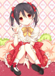 Rule 34 | 10s, 1girl, \m/, between legs, black hair, bow, dress, hair bow, love live!, love live! school idol project, nami7711, red eyes, sitting, smile, socks, solo, twintails, yazawa nico