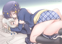 Rule 34 | 2girls, all fours, artist name, ass, black dress, black hair, black jacket, black socks, blazer, blue eyes, blue skirt, blush, brown sweater, commentary request, dress, face-to-face, from side, girl on top, hand in another&#039;s hair, hug, jacket, kneehighs, konno junko, legs, long hair, looking at viewer, low twintails, mizuno ai, multiple girls, plaid, plaid skirt, red eyes, school uniform, short hair, silver hair, skirt, socks, studiozombie, sweater, thighs, twintails, watermark, yuri, zombie land saga