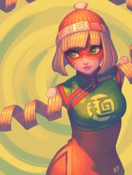Rule 34 | 1girl, @ @, arms (game), beanie, bellhenge, blonde hair, blouse, blunt bangs, bob cut, chinese clothes, cowboy shot, domino mask, facepaint, food, green eyes, green shirt, hat, kamaboko, layered clothes, looking at viewer, mask, min min (arms), noodles, orange hat, shirt, short hair, smile, solo