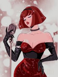 Rule 34 | 1girl, alternate costume, artist logo, bare shoulders, bead necklace, beads, black gloves, black hairband, breasts, cleavage, closed eyes, collarbone, elbow gloves, glitter makeup, gloves, hairband, highres, holding, holding microphone, jewelry, lipstick, makeup, medium breasts, megadeus mommy, microphone, microphone stand, necklace, parted lips, r dorothy wayneright, red hair, solo, the big o, upper body