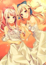 Rule 34 | 2girls, absurdres, bare shoulders, blonde hair, blue bow, blue hair, blue nails, blush, bow, closed mouth, cloud, collarbone, commentary, dress, hair bow, highres, himehina channel, holding hands, jewelry, kitazume kumie, lips, long hair, looking at viewer, matching outfits, multicolored hair, multiple girls, nail polish, necklace, off shoulder, orange sky, outdoors, pink bow, pink hair, purple eyes, red hair, red nails, sky, smile, streaked hair, sunset, suzuki hina, tanaka hime, virtual youtuber, white dress, wind