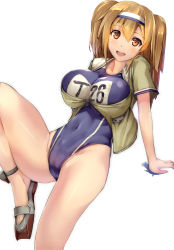 Rule 34 | 10s, 1girl, arm support, armadillo-tokage, bad id, bad pixiv id, blush, breasts, brown eyes, covered erect nipples, hairband, i-26 (kancolle), kantai collection, large breasts, light brown hair, long hair, looking at viewer, name tag, new school swimsuit, one-piece swimsuit, open mouth, sailor collar, sandals, school swimsuit, short sleeves, simple background, sitting, smile, solo, swimsuit, swimsuit under clothes, two-tone hairband, two side up, zipper
