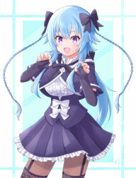Rule 34 | 1girl, :d, aqua background, artist name, assault lily, black bow, black gloves, black ribbon, black skirt, black thighhighs, blue hair, blush, bow, braid, breasts, brown pantyhose, buttons, center frills, claw pose, commentary request, cowboy shot, cropped jacket, elbow gloves, fang, fingerless gloves, frilled shirt, frilled shirt collar, frilled skirt, frills, garter straps, gloves, hair between eyes, hair bow, hands up, highres, inoguchi minto, jewelry, long hair, looking at viewer, medium breasts, miniskirt, mori tatsuki, neck ribbon, open mouth, pantyhose, pleated skirt, purple eyes, ribbon, ring, school uniform, shirt, sidelocks, skirt, smile, standing, thighhighs, thighhighs over pantyhose, twin braids, two-tone background, underbust, very long hair, white background, white bow, white shirt, yurigaoka girls academy school uniform