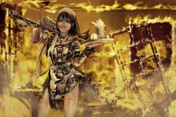 Rule 34 | 1girl, black hair, burning, commentary request, cup, damaged, evil grin, evil smile, fantasy, fire, flamethrower, grin, hair between eyes, highres, holding, holding weapon, low ponytail, maid, maid headdress, mecha, mechanical parts, medium hair, military, pale skin, red eyes, robot, scenery, science fiction, smile, solo, tagme, tea set, teacup, torn clothes, weapon, www (201548), yellow theme