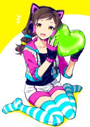 Rule 34 | 1girl, :d, animal ears, black hairband, black shirt, blue scrunchie, brown hair, cat ears, collarbone, fake animal ears, fingerless gloves, full body, gloves, hair ornament, hair scrunchie, hairband, headphones, holding, idolmaster, idolmaster million live!, idolmaster million live! theater days, jacket, kitazawa shiho, long hair, looking at viewer, open clothes, open jacket, open mouth, pink sleeves, scrunchie, shirt, short shorts, shorts, sitting, sketch, smile, solo, striped clothes, striped thighhighs, thighhighs, touon, twintails, two-tone background, wariza, white background, white shorts, yellow background, yellow eyes, yellow scrunchie, zettai ryouiki