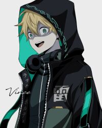 Rule 34 | 1boy, black clover, blonde hair, green eyes, hair between eyes, headphones, headphones around neck, highres, hood, hood up, hooded jacket, jacket, long bangs, looking at viewer, luck voltia, male focus, open mouth, prayudi555, short hair, signature, simple background, smile, solo, upper body, white background
