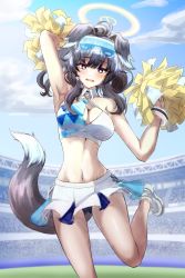 Rule 34 | 1girl, absurdres, animal ears, armpits, black hair, black panties, blue archive, blue eyes, blue skirt, blue sky, blush, breasts, chantatou-hwi, character name, cheerleader, cleavage, cloud, commentary request, day, dog ears, dog girl, dog tail, eyewear on head, halo, hibiki (blue archive), hibiki (cheer squad) (blue archive), highres, holding, holding pom poms, looking at viewer, medium breasts, medium hair, midriff, millennium cheerleader outfit (blue archive), navel, official alternate costume, open mouth, outdoors, panties, pom pom (cheerleading), pom poms, shoes, skirt, sky, sneakers, solo, stadium, standing, standing on one leg, sunglasses, tail, thighs, two-tone skirt, underwear, white footwear, white skirt
