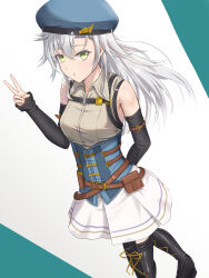 Rule 34 | 1girl, absurdres, belt pouch, beret, boots, breasts, detached sleeves, eiyuu densetsu, fie claussell, green eyes, hair between eyes, hat, highres, kuro no kiseki, long hair, pouch, simple background, skirt, small breasts, solo, two-tone background, v, white hair, witch f