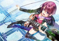 Rule 34 | 10s, 1girl, aoi fuuka, black footwear, black thighhighs, boots, breasts, brown hair, electric guitar, fuuka, gibson les paul, guitar, instrument, large breasts, leather, leather boots, looking at viewer, microphone, official art, open mouth, purple eyes, seo kouji, short hair, shorts, smile, solo, standing, thigh boots, thighhighs