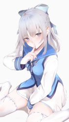 Rule 34 | 1girl, absurdres, between legs, blue bow, blue vest, blunt bangs, blush, bow, braid, breasts, chunithm, commentary request, covered mouth, feet out of frame, finger to mouth, french braid, grey hair, hair bow, hand between legs, hand up, highres, hito komoru (style), kisaragi yaya, kobotoke nagi, long hair, long sleeves, looking at viewer, purple eyes, simple background, sitting, small breasts, solo, thighhighs, vest, wariza, white background, white thighhighs