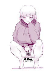 Rule 34 | 1girl, absurdres, bar censor, barefoot, blush, bob cut, bottomless, breasts, censored, clitoral hood, clitoris, closed mouth, drawstring, feet, full body, heart, heart-shaped pupils, highres, hood, hood down, hoodie, large breasts, looking at viewer, monochrome, original, purple theme, pussy, pussy juice, simple background, smile, solo, spread pussy, symbol-shaped pupils, takashima (takashima 0721), tiptoes, tsurime, white background