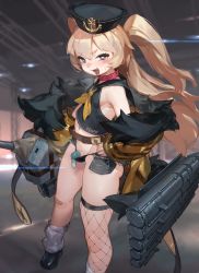Rule 34 | 1boy, :3, ass, azur lane, bache (azur lane), bare shoulders, belt, blonde hair, blush, collar, condom, condom on penis, crossdressing, fishnet legwear, fishnets, full body, hand on own hip, highres, jacket, looking at viewer, loose socks, male focus, navel, penis, sailor collar, short shorts, shorts, single thighhigh, small penis, smile, so-taro, socks, thighhighs, trap, turret, twintails, used condom, used condom on penis, white legwear