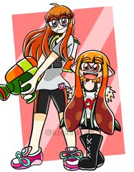 Rule 34 | 10s, 2girls, ahoge, artist name, bare legs, bike shorts, black footwear, boots, cosplay, costume switch, cross-laced footwear, crossover, fur-trimmed jacket, fur trim, glasses, height difference, highres, holding, holding weapon, ink tank (splatoon), inkling, inkling (cosplay), inkling girl, inkling player character, jacket, kiravera8, knee boots, lace-up boots, long hair, multiple girls, nintendo, orange hair, persona, persona 5, pink footwear, purple eyes, sakura futaba, sakura futaba (cosplay), shirt, shirt under jacket, shoes, short shorts, shorts, smile, sneakers, splatoon (series), splattershot (splatoon), standing, t-shirt, tank top, trait connection, watermark, weapon