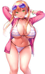 Rule 34 | 1girl, bikini, black choker, blonde hair, breasts, choker, cleavage, collarbone, commentary, cross, cross earrings, curvy, earrings, eyewear on head, gluteal fold, green eyes, hair ornament, hair ribbon, highres, huge breasts, jacket, jewelry, large breasts, long hair, long sleeves, looking at viewer, moto inkya no kyonyuu yariman imouto ga erosugite onii-chan wa mou...!!, natsuki (bookworm little sister), open clothes, open jacket, open mouth, original, parted lips, pink jacket, red ribbon, ribbon, simple background, smile, solo, sunglasses, swimsuit, thighs, tsukumiya amane, twintails, underboob, white background, white bikini, wide hips